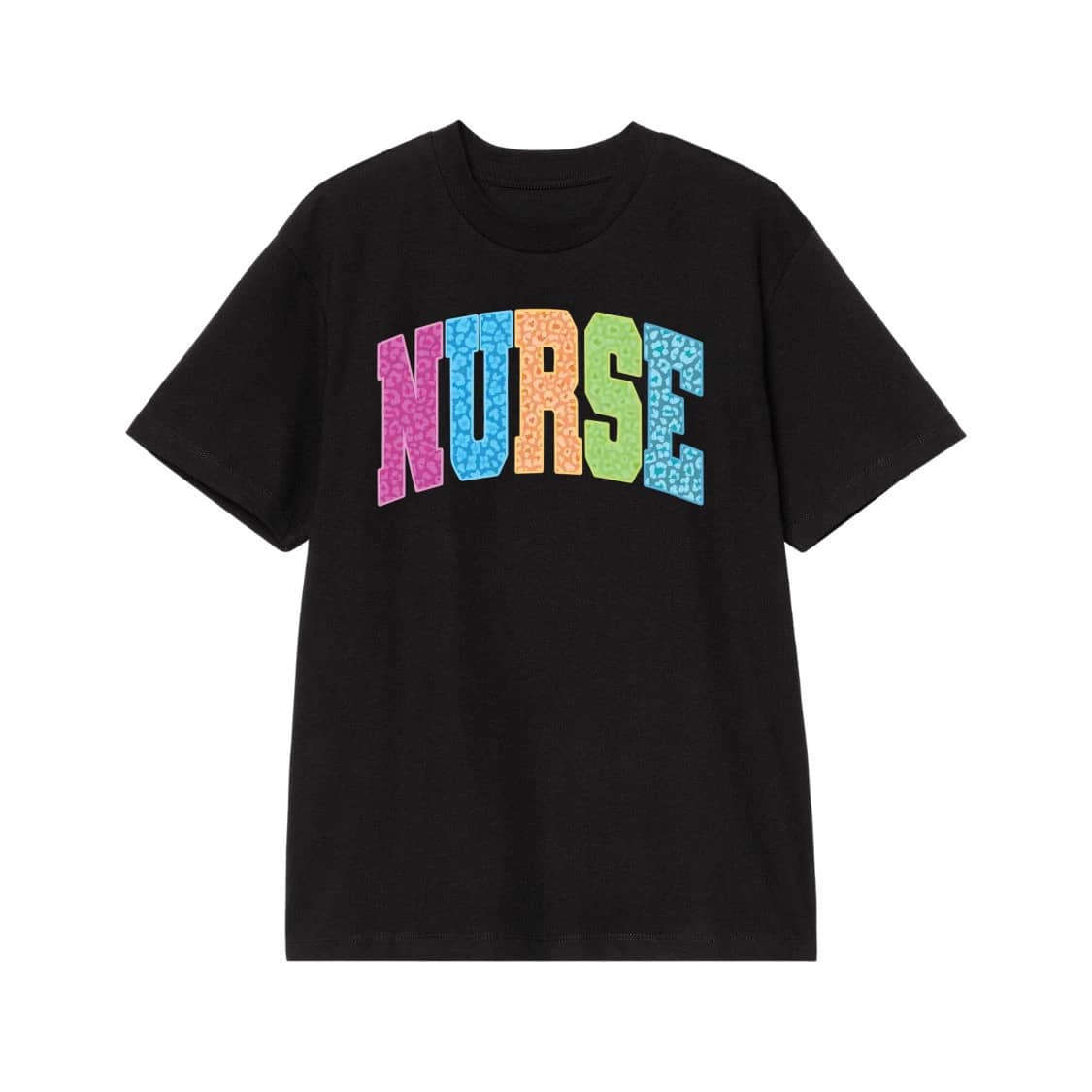 Colorful Leopard Print Nurse Arched Text T-Shirt