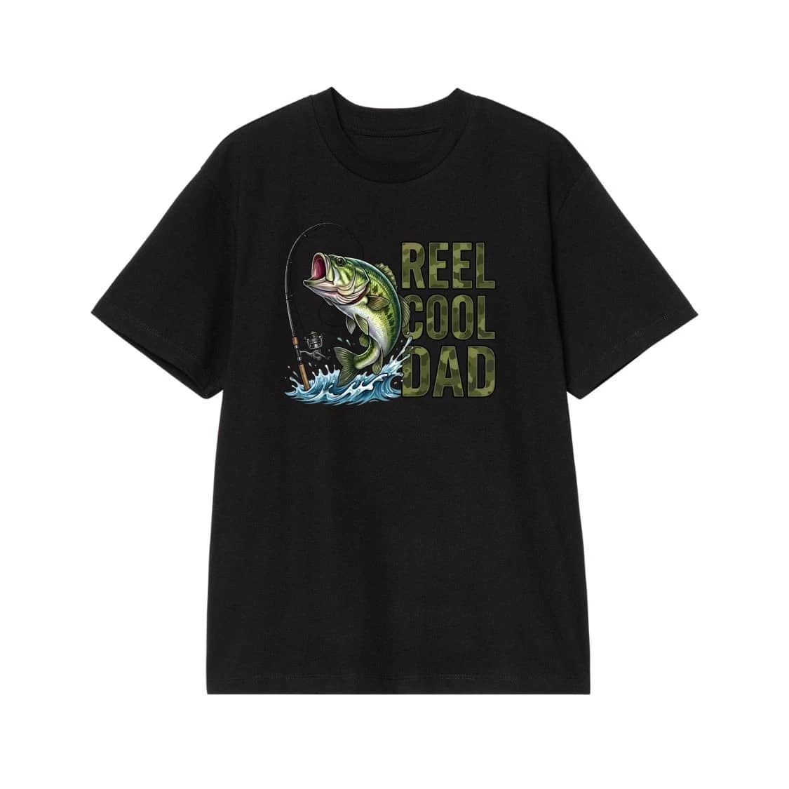 Reel Cool Dad Camo Text With Bass Fishing Graphic