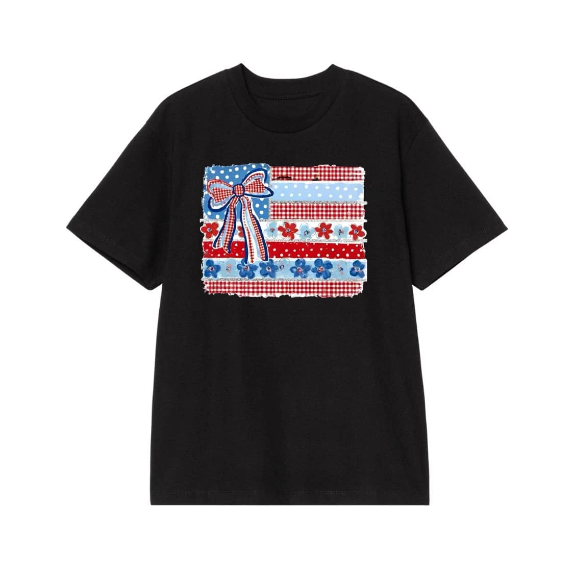 Patriotic American Flag With Floral, Gingham, And Polka Dot Patterns