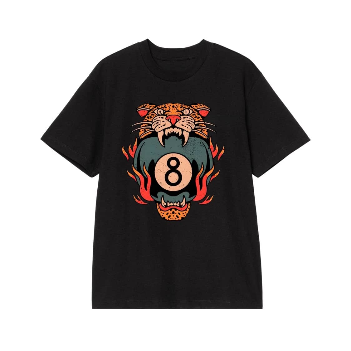 Traditional Tattoo Style Leopard Biting A Flaming 8-Ball