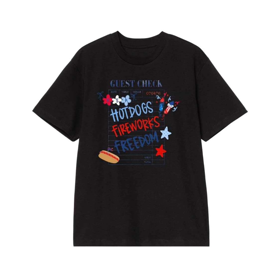 4th Of July Guest Check With Hotdogs, Fireworks, Freedom T-Shirt