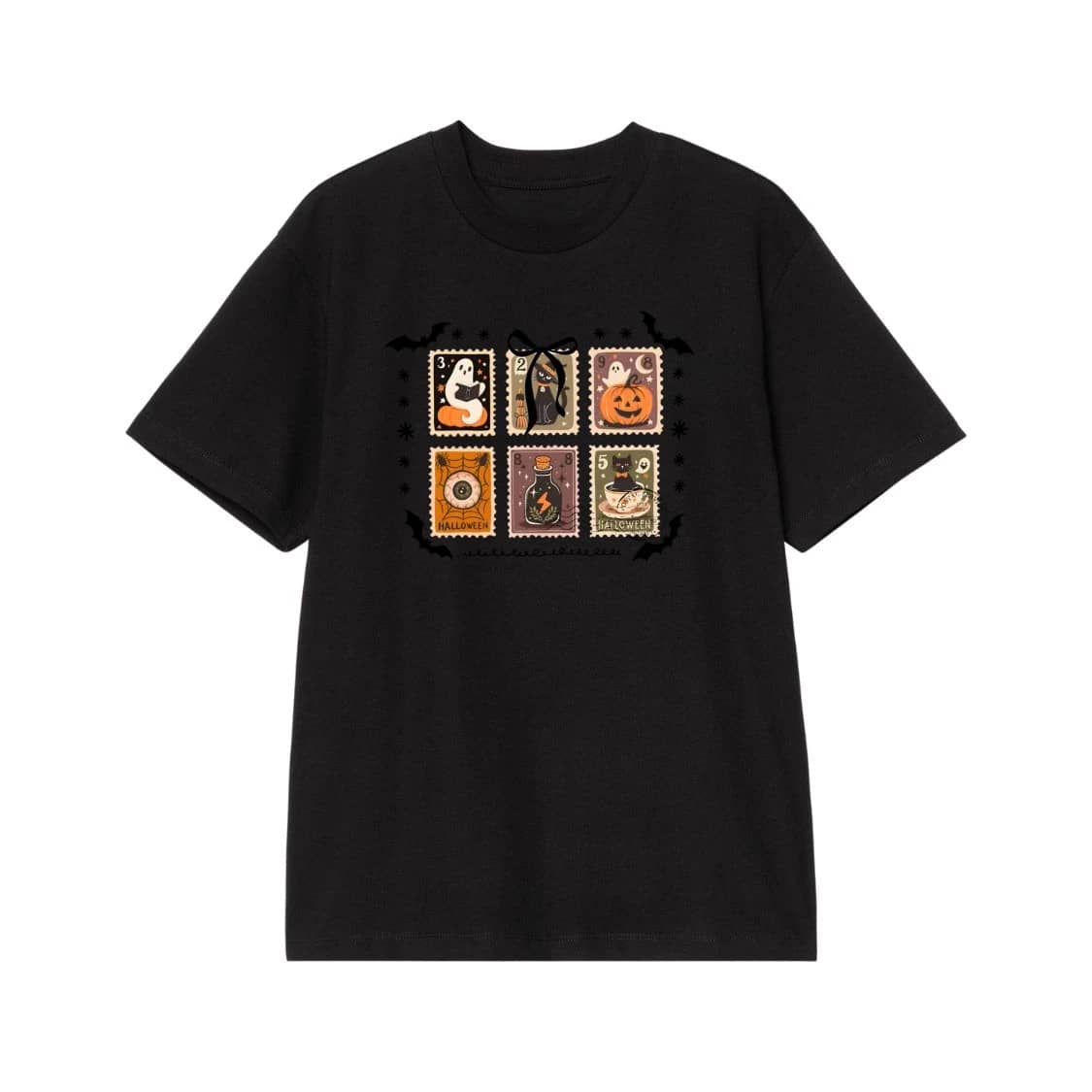 Cute Halloween Postage Stamps T-Shirt With Ghost, Black Cat, And Jack-O'-Lantern