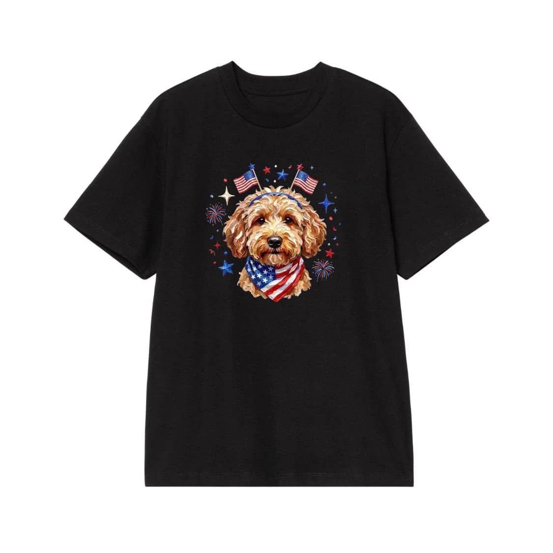 Patriotic Goldendoodle Dog With American Flag Bandana And Fireworks For 4th Of July