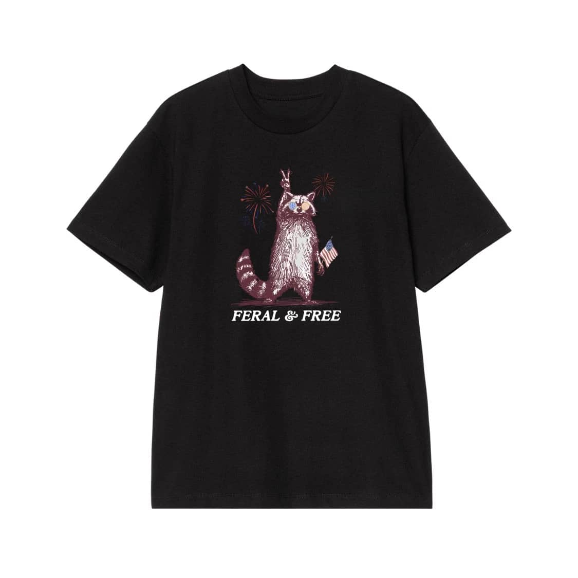 Feral & Free Patriotic Raccoon With American Flag Sunglasses And Fireworks