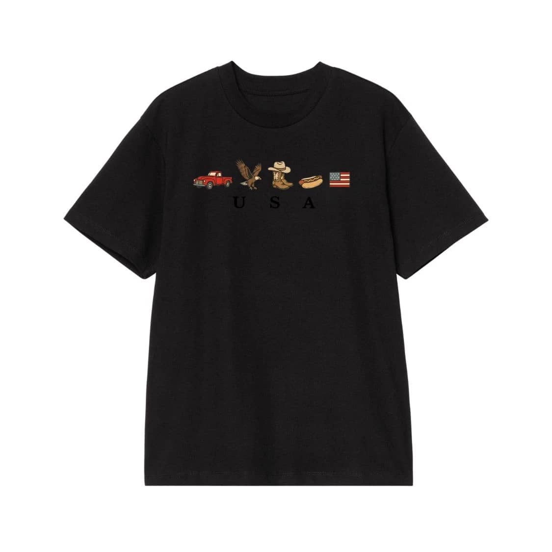 Usa Patriotic Icons T-Shirt With Truck, Eagle, Cowboy Boots And Flag