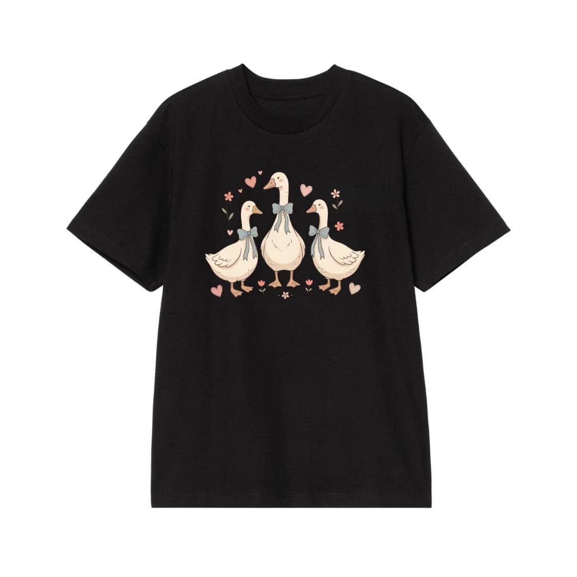 Cute Cartoon Geese With Bows Hearts And Flowers T-Shirt