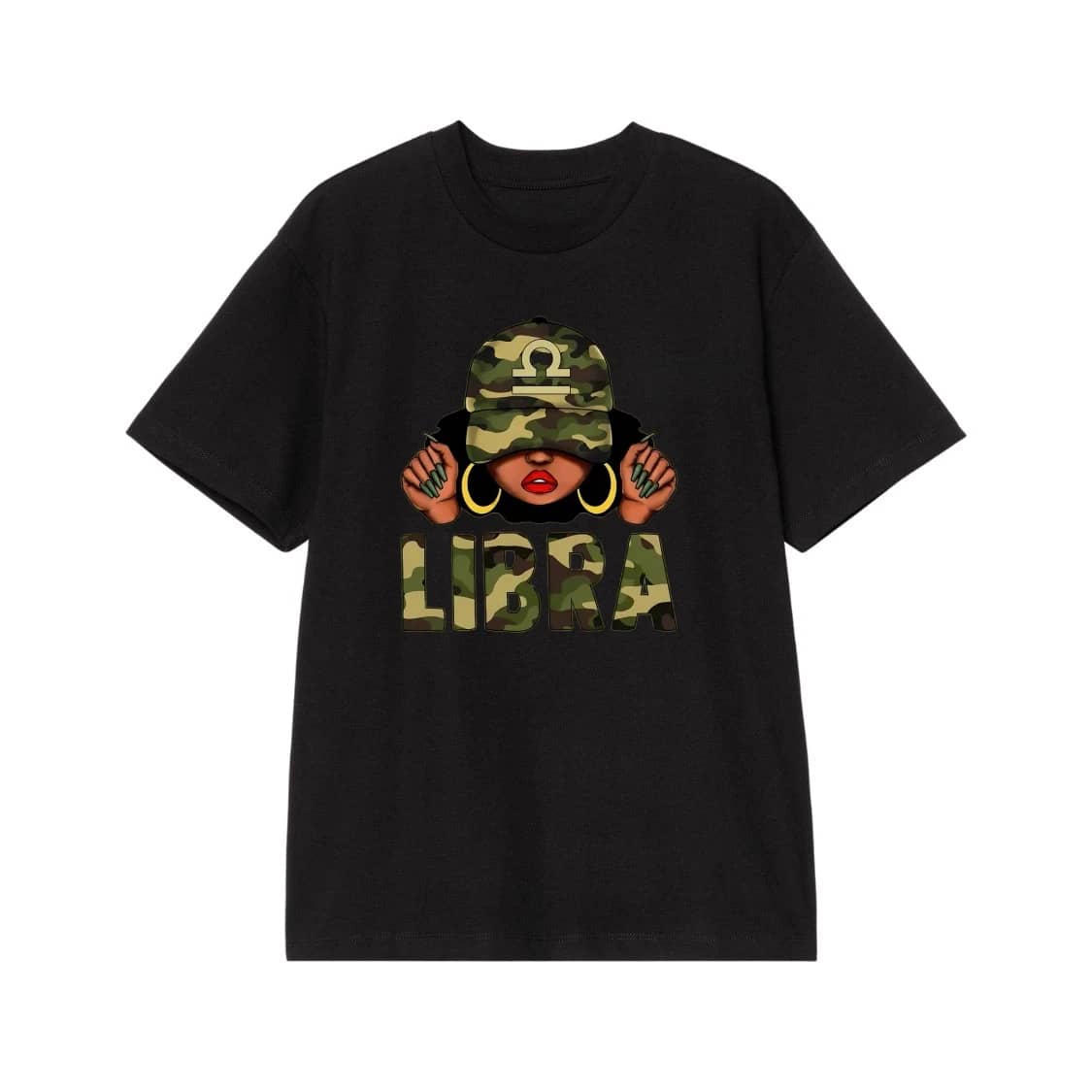 Zodiac Sign Black Woman With Camouflage Hat And Text T-Shirt