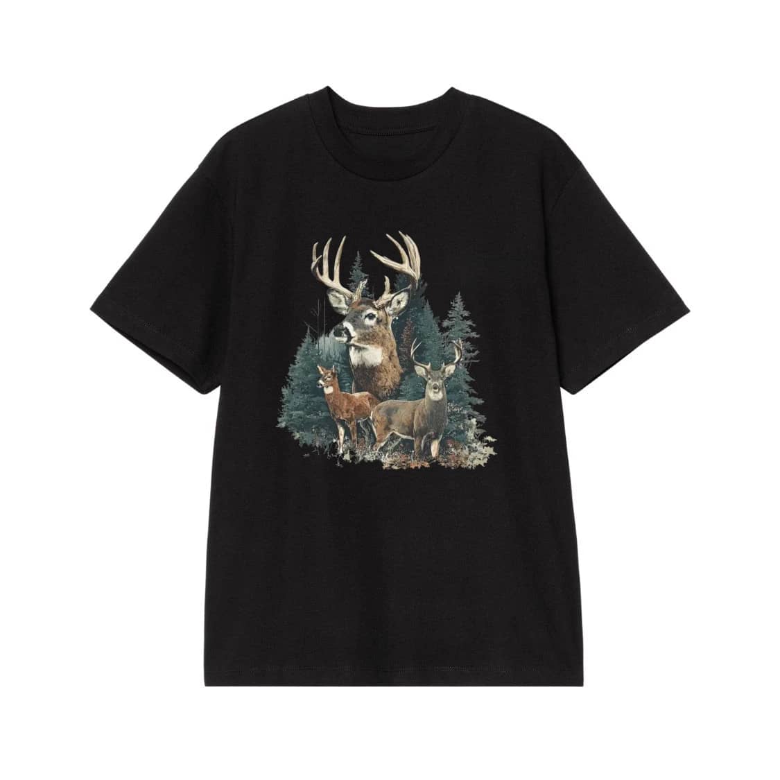 Vintage Wildlife Deer Family In Pine Forest Graphic