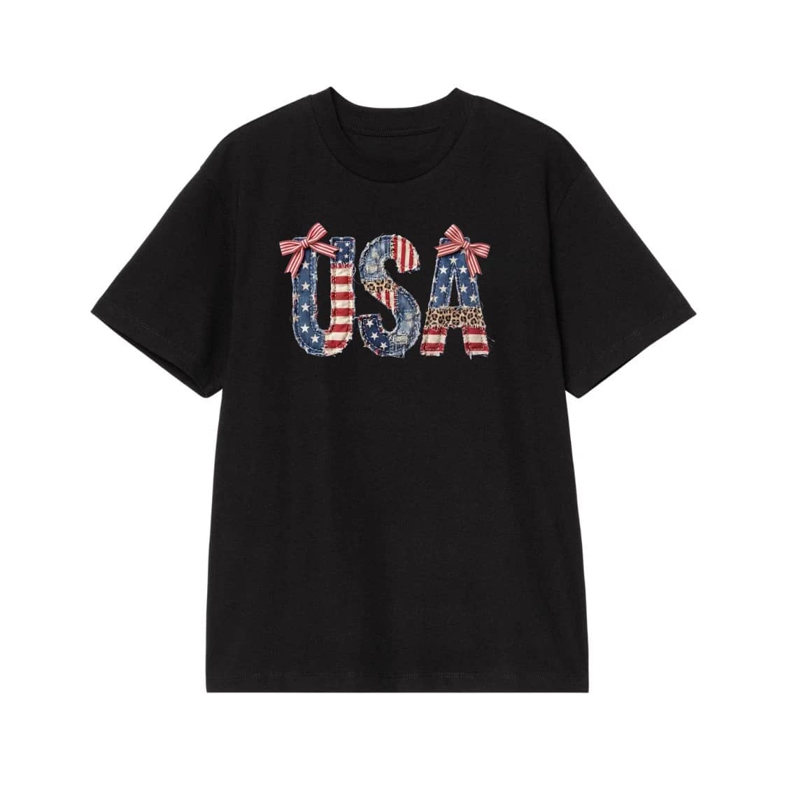 Patriotic Usa Applique Patchwork T-Shirt With American Flag And Leopard Print