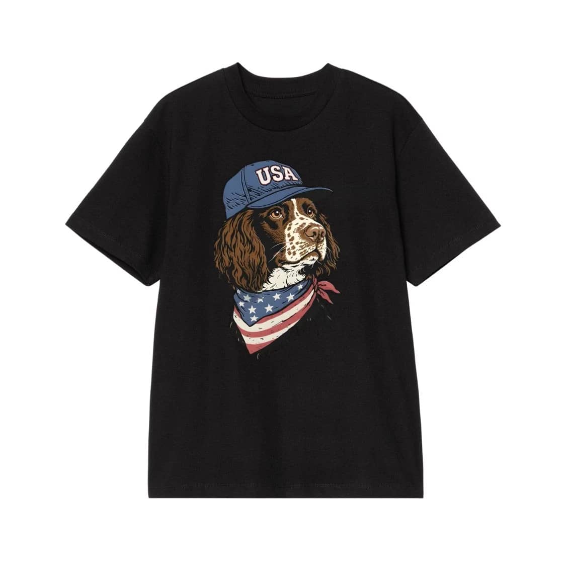 Patriotic Springer Spaniel Dog With Usa Hat And American Flag Bandana