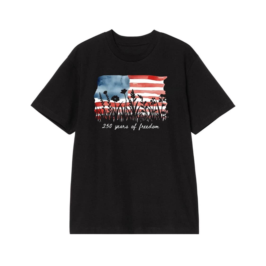 Watercolor American Flag Wildflower Field 250 Years Of Freedom T-Shirt