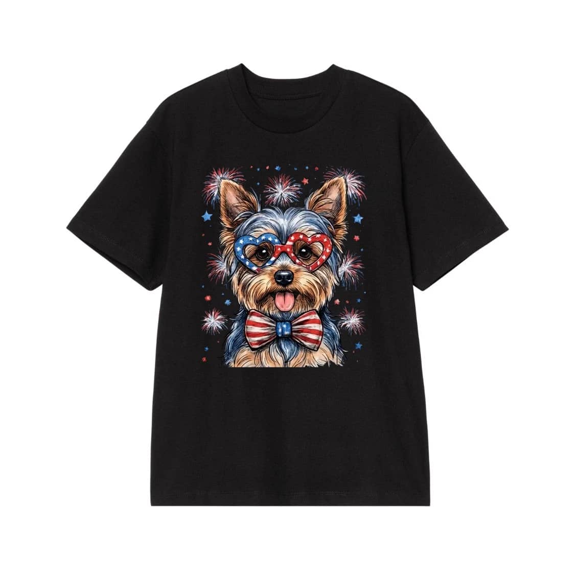Patriotic Dog Wearing American Flag Sunglasses And Bow Tie With Fireworks