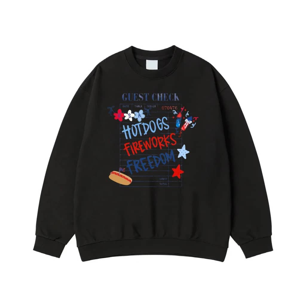 4th Of July Guest Check With Hotdogs, Fireworks, Freedom T-Shirt
