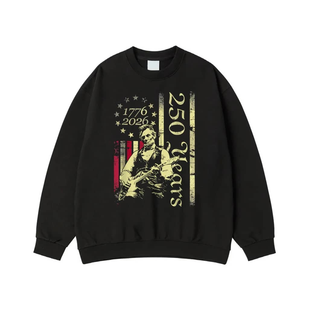 Abraham Lincoln Playing Guitar 250 Years 1776-2026 American Flag T-Shirt