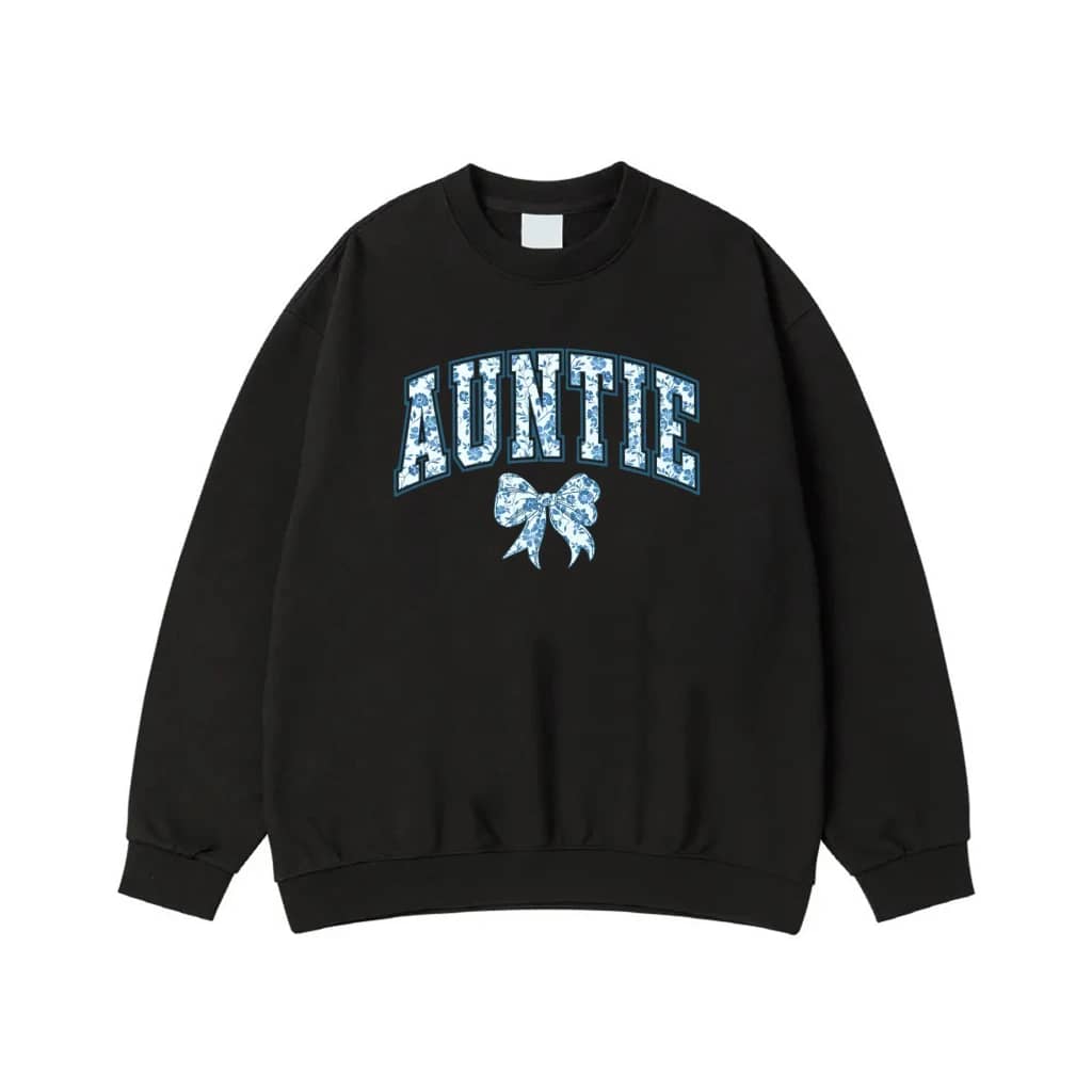 Auntie Varsity Font Sweatshirt With Blue Floral Pattern And Bow