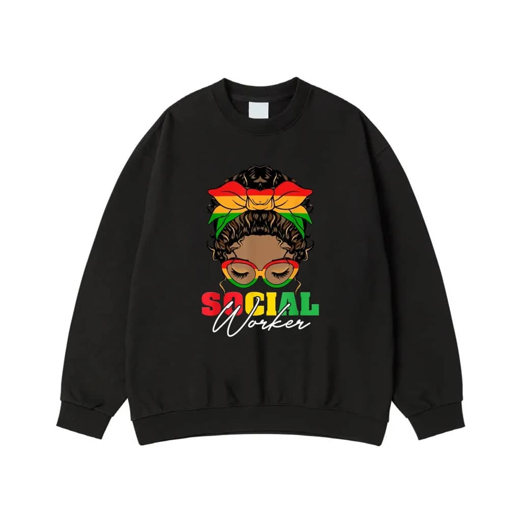 Black Woman Social Worker With Messy Bun And Pan-African Colors