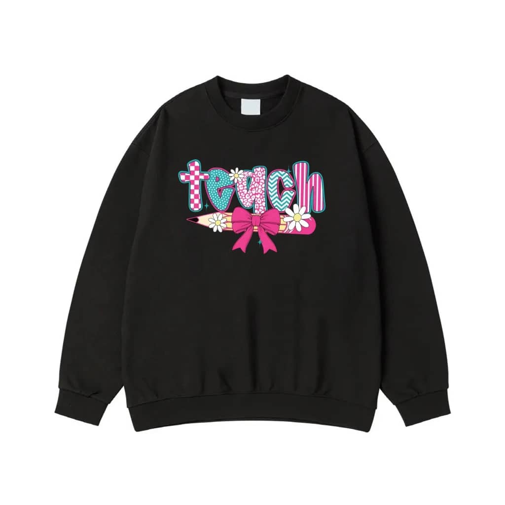 Colorful Teach Word Art With Pencil, Bow, And Daisies