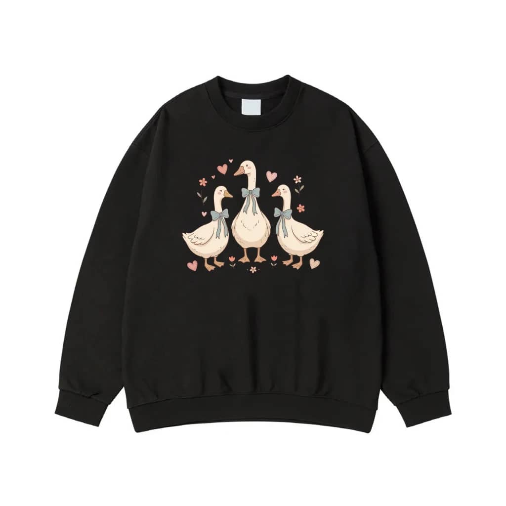 Cute Cartoon Geese With Bows Hearts And Flowers T-Shirt