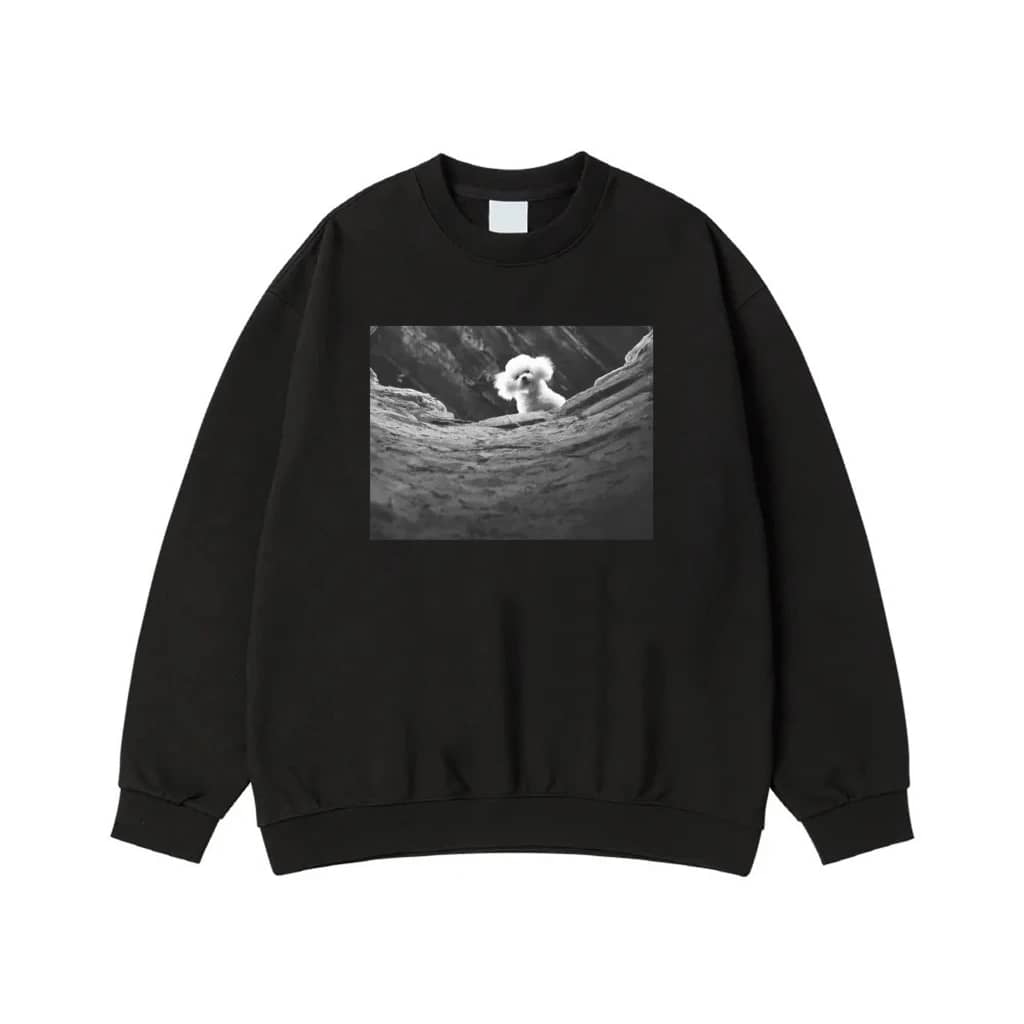 Cute Fluffy Poodle Dog Peeking Over Rocks Black And White Photo T-Shirt