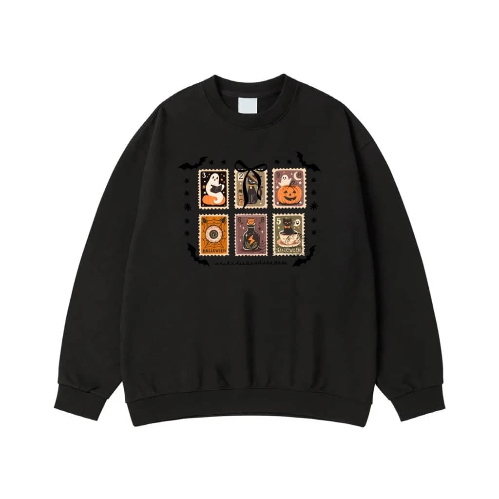 Cute Halloween Postage Stamps T-Shirt With Ghost, Black Cat, And Jack-O'-Lantern