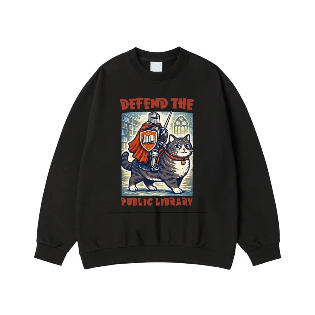 Defend The Public Library Knight Riding A Cat Vintage Illustration T-Shirt
