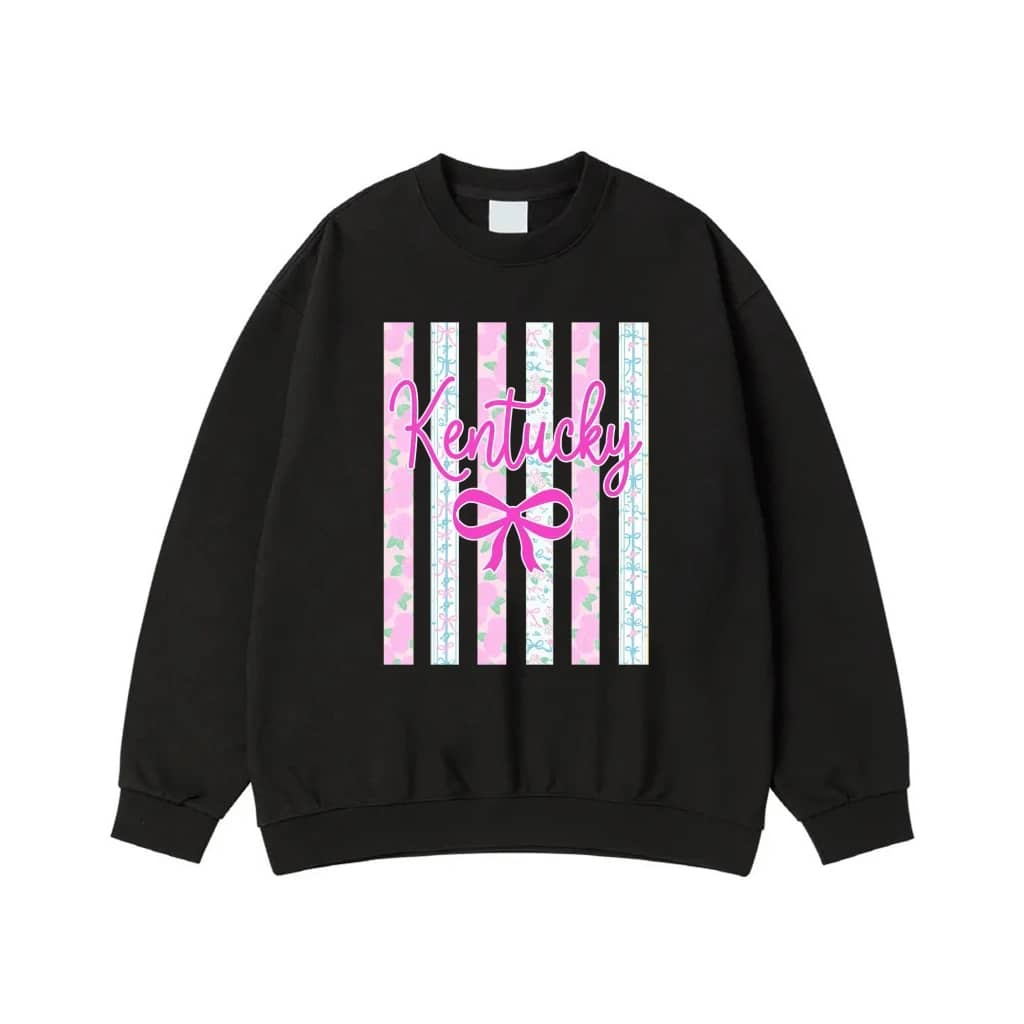 Kentucky Cursive Script With Pink Bow On A Preppy Floral Striped Background