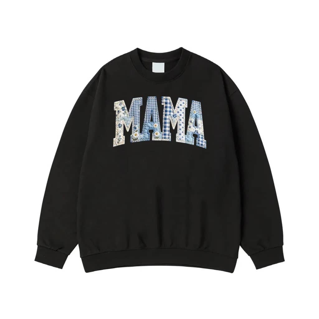 Mama Blue Patchwork Floral And Gingham Varsity Letters