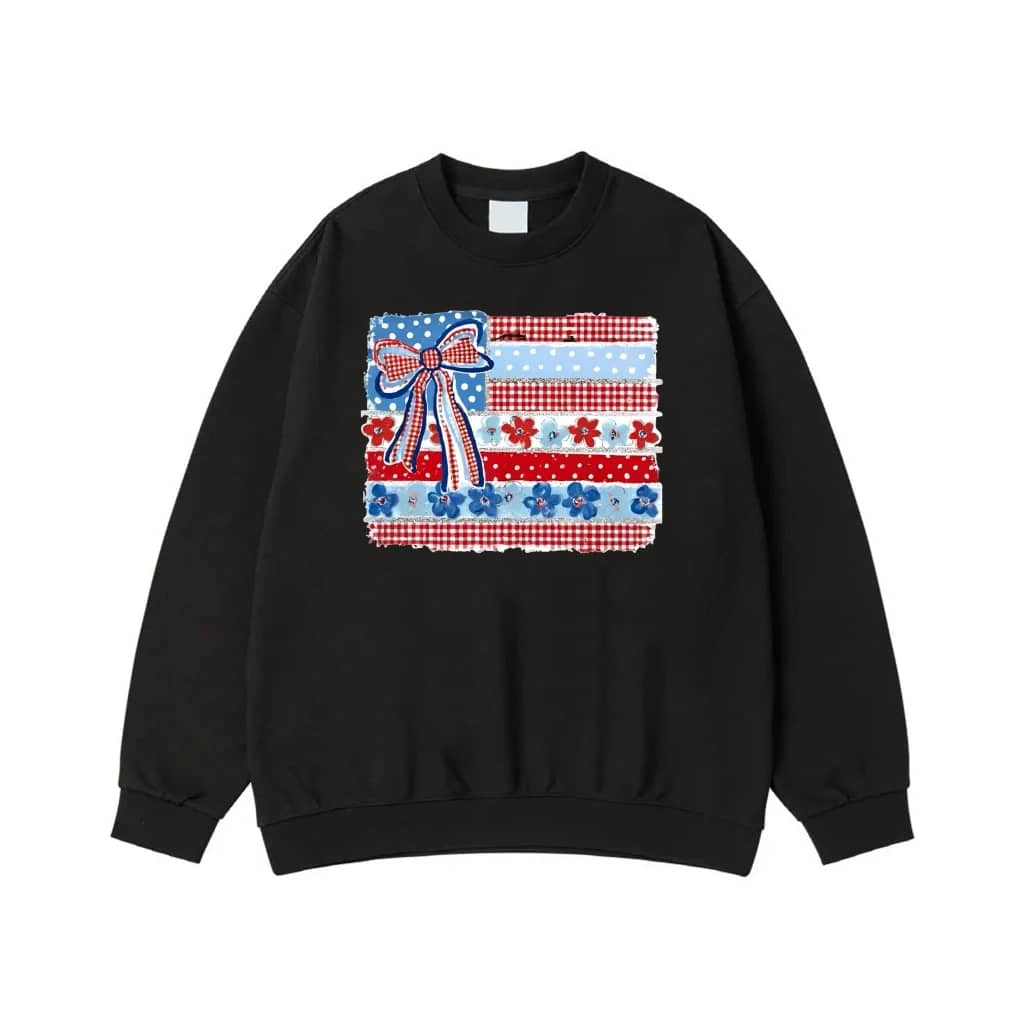 Patriotic American Flag With Floral, Gingham, And Polka Dot Patterns