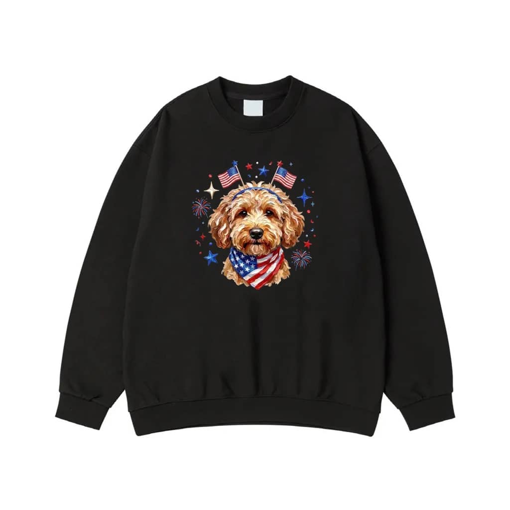 Patriotic Goldendoodle Dog With American Flag Bandana And Fireworks For 4th Of July