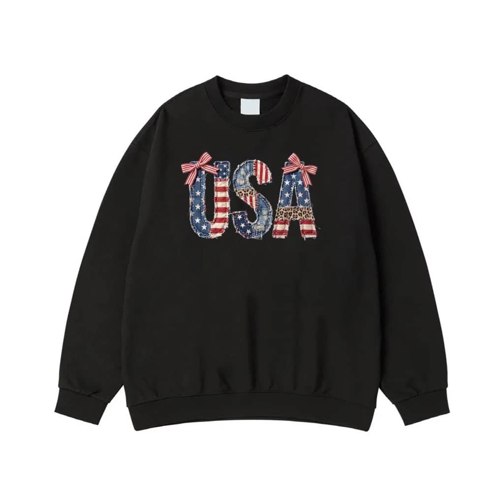 Patriotic Usa Applique Patchwork T-Shirt With American Flag And Leopard Print