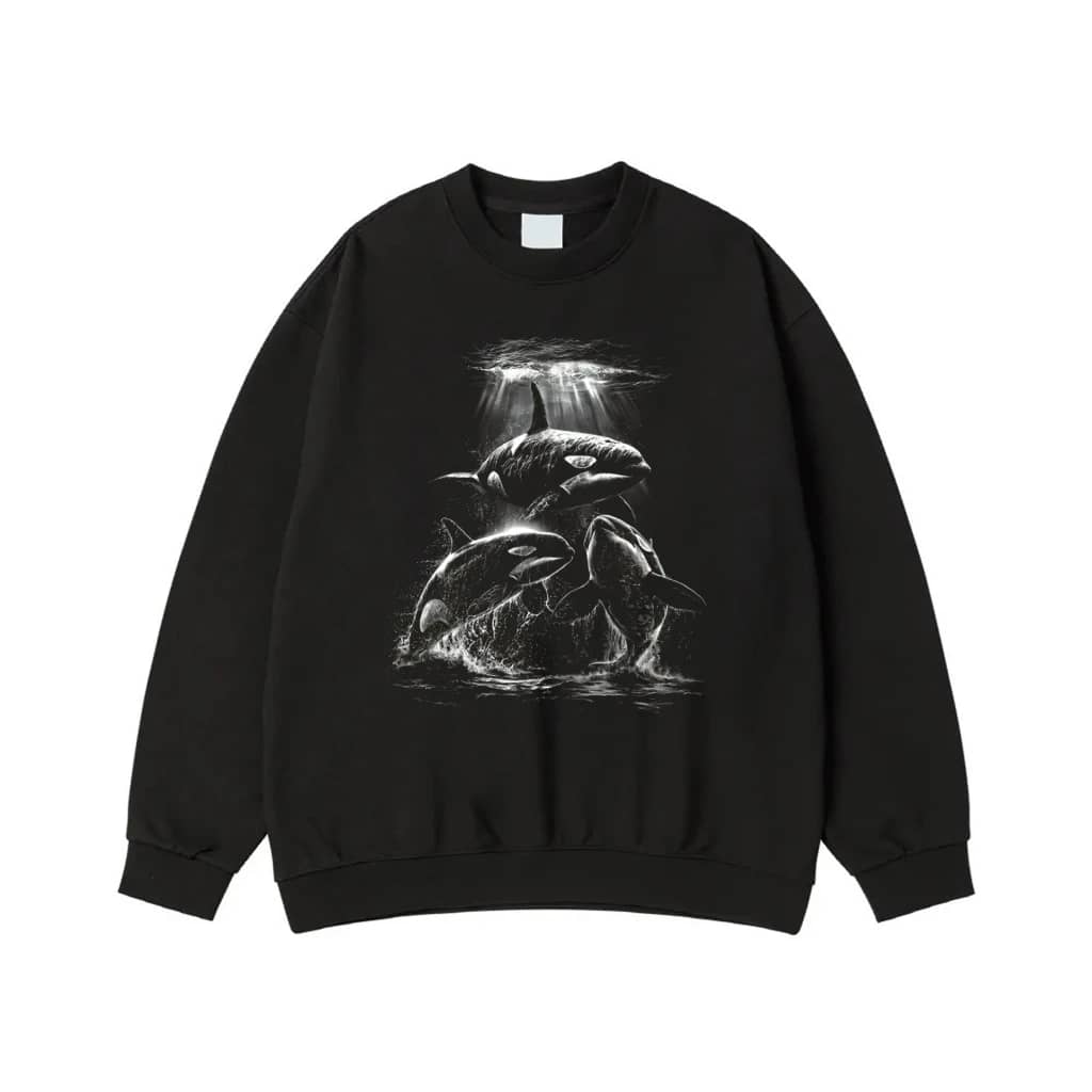 Vintage Style Orca Killer Whale Family Underwater Graphic