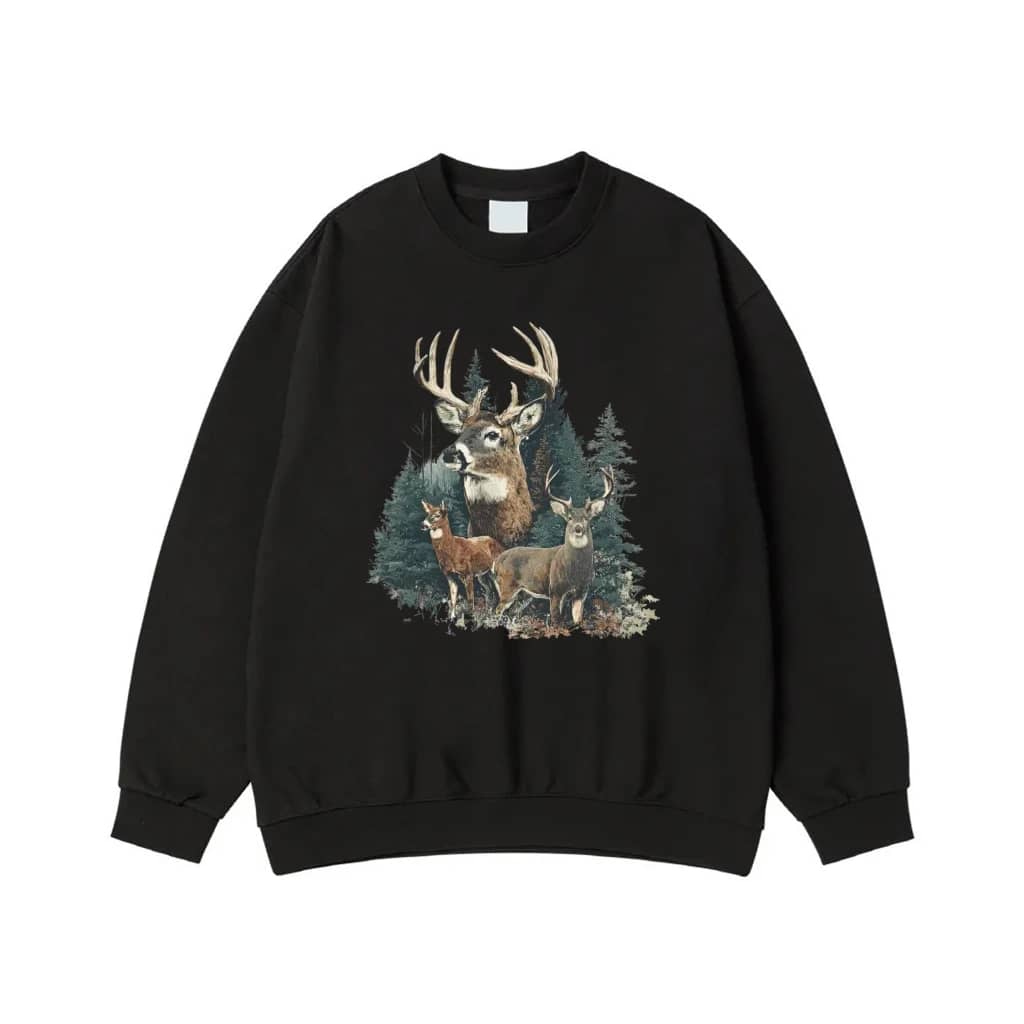 Vintage Wildlife Deer Family In Pine Forest Graphic