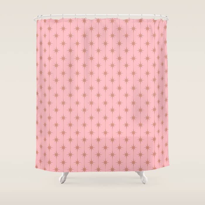Midcentury Stars And Dots Atomic Pattern In Light Pink And Pale Mocha Shower Curtain