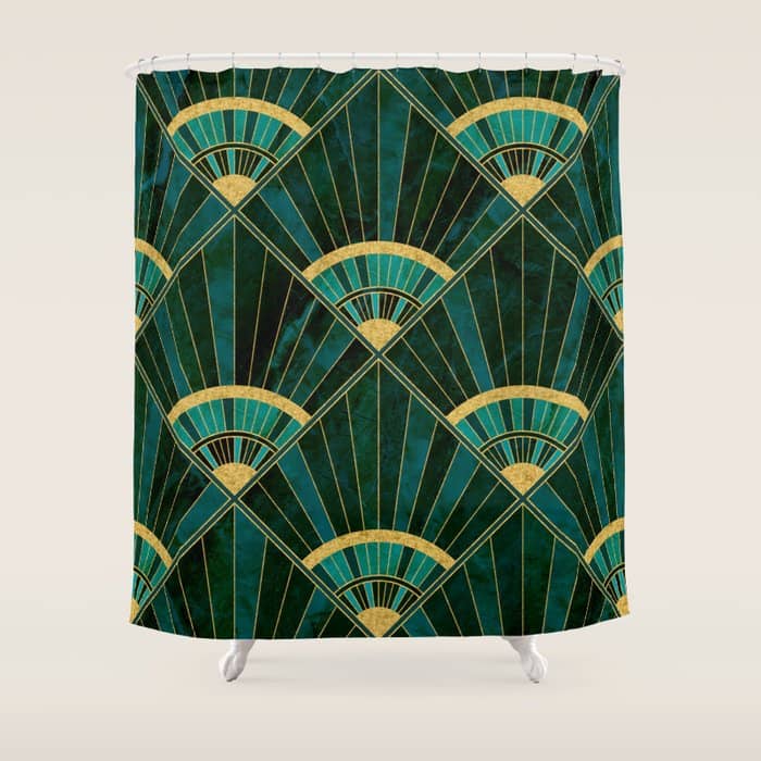Art Deco Real Green Marbled Geometric Pattern Shower Curtain