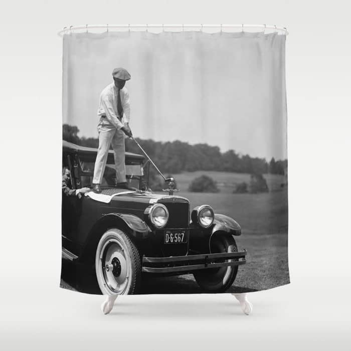 Pro Golfer Hitting Golf Ball Off Vintage Car Hood Ornament On A Dare Par One 18th Hole Funny Black And White Golf Sport Photograph - Photography - Photographs Shower Curtain