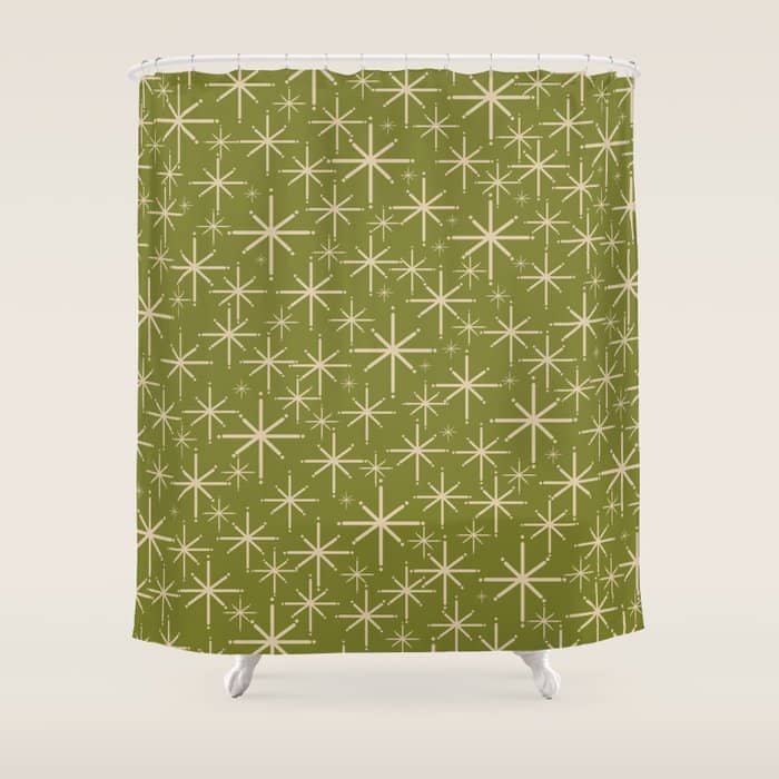 Retro Atomic Twinkling Starburst Pattern In Midcentury Modern Olive Green And Beige Shower Curtain