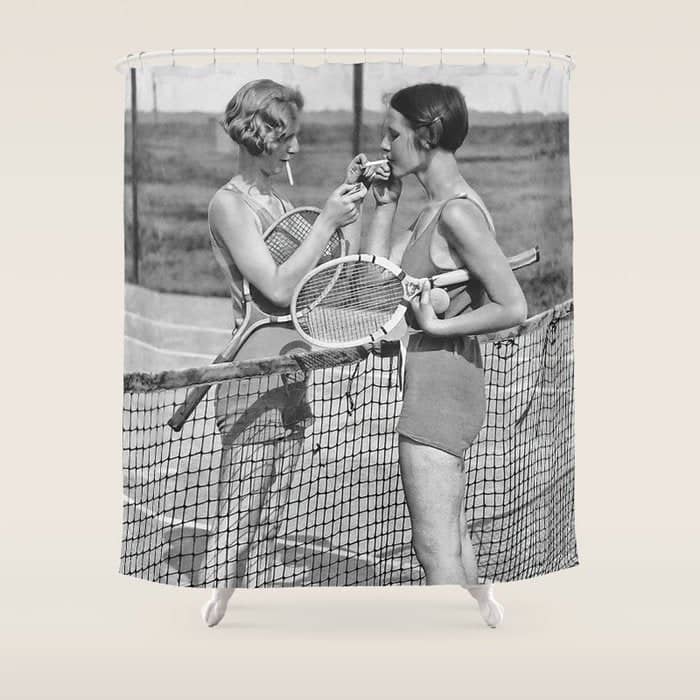 Tennis Players Taking A Cigarette Break, Black And White Vintage Art Shower Curtain