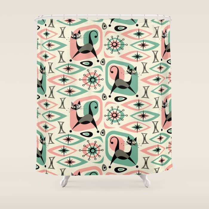 Mid Century Cat Abstract - Pink Aqua Shower Curtain