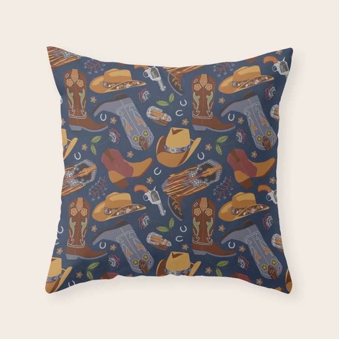 Embroidered Cowgirls | Blue Throw Pillow