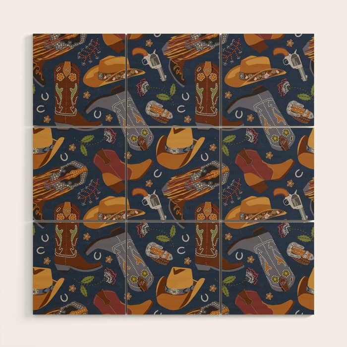Embroidered Cowgirls | Blue Wood Wall Art