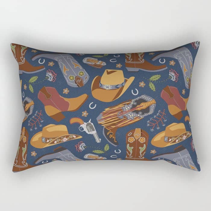 Embroidered Cowgirls | Blue Rectangular Pillow