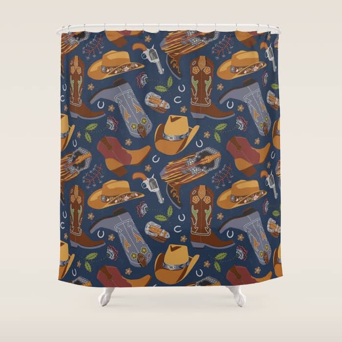 Embroidered Cowgirls | Blue Shower Curtain
