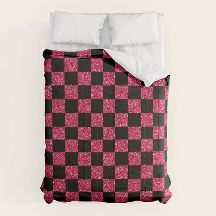 Pink Glitter Checkered Print In Black Comforter