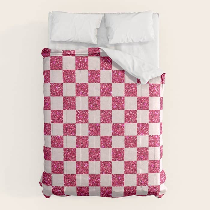 Pink Glitter Checkered Print In Cream Comforter