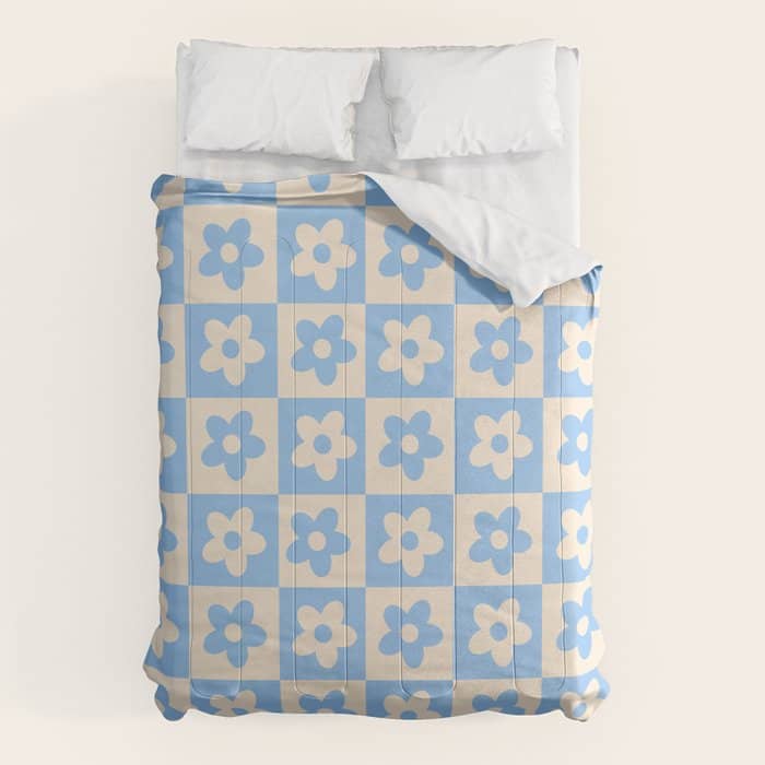 90s Flowers Checkers Cream And Blue Comforter