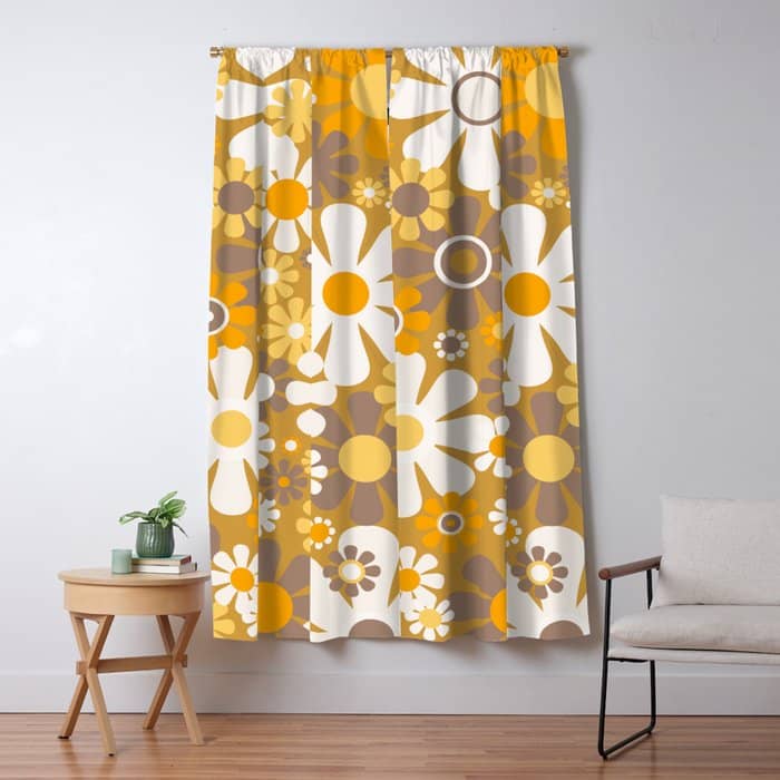 Retro Garden Flowers Groovy 60s 70s Floral Pattern In Ochre Yellow Orange Window Curtain