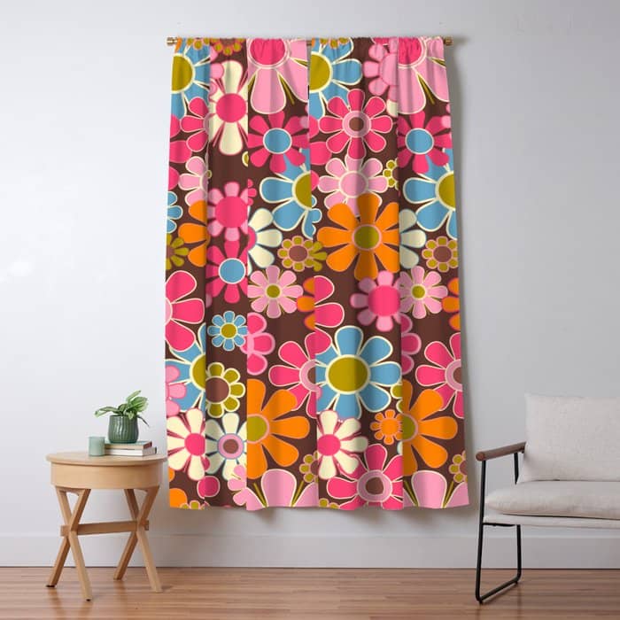 Groovy Retro Garden 60s 70s Multicolored Pink Floral Pattern On Brown Window Curtain