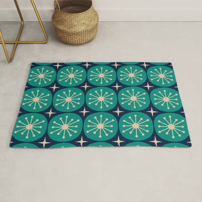 Mid Century Modern Atomic Dots And Stars Retro Pattern In Mid Mod Teal Turquoise Navy Blue Beige Rug