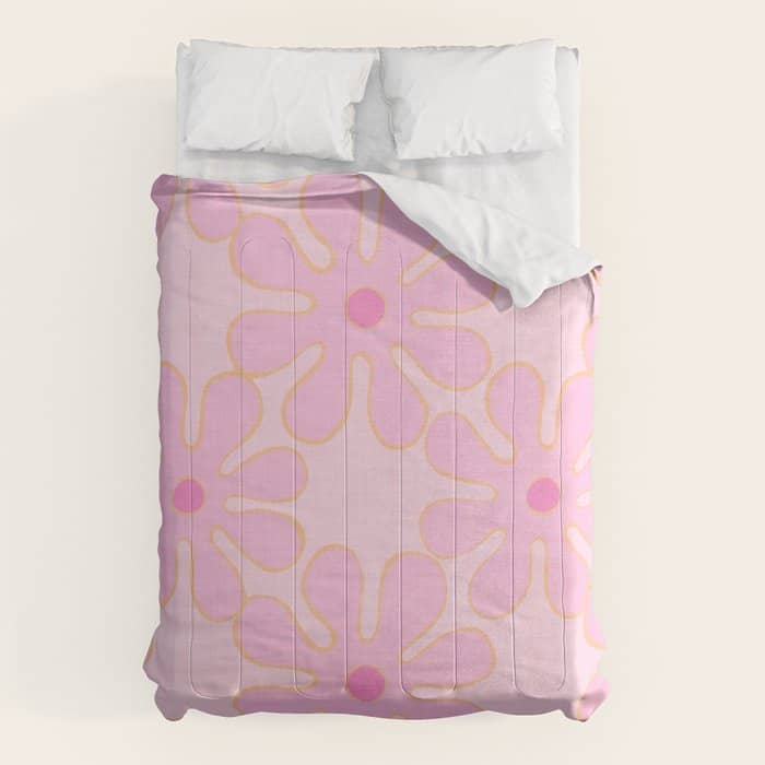 Pink Floral 70s Style Groovy Flowers Comforter