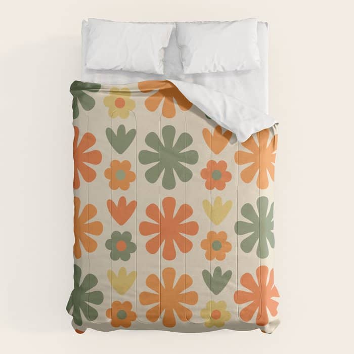 Retro Flowers Scandi Floral Grid Pattern In Mossy Olive Green Orange Mustard Comforter